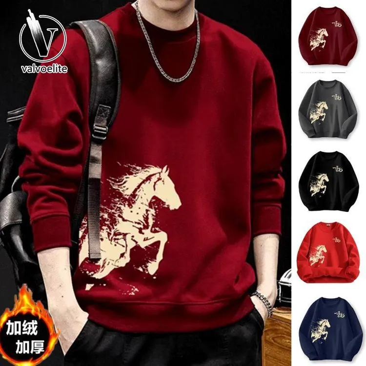 VALVOELITE马年红色圆领修身卫衣男款本命年上衣服冬加绒宽松外套