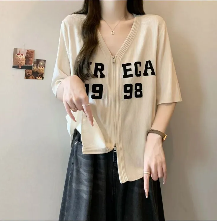 2025夏季新款大码针织开衫V领正肩短袖女双拉链上衣G653#