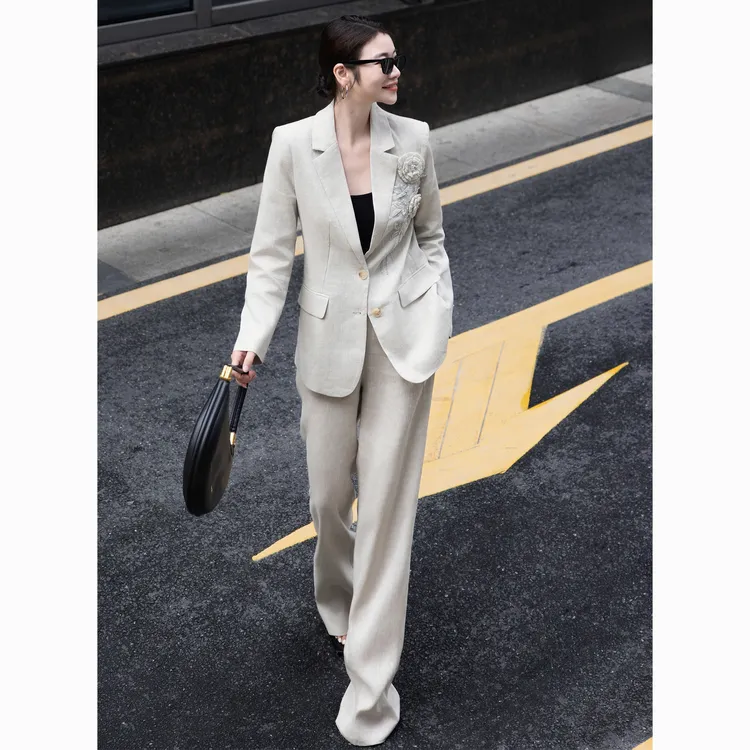 ZEROYK老钱风时尚套装高级感立体绣花100亚麻西服长裤两件套