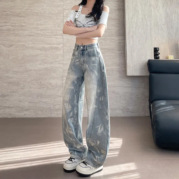 重工扎染阔腿牛仔裤女2025春秋新款高腰宽松显瘦设计感香蕉直筒裤