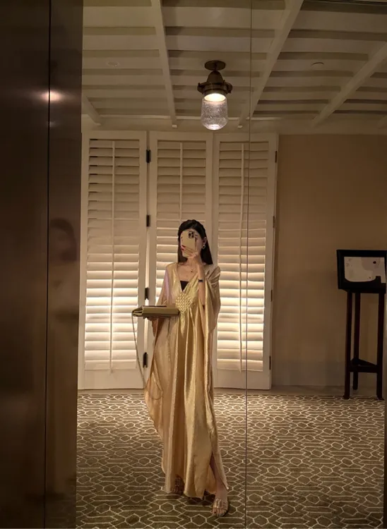 【粥粥高级定制】中东奢韵波斯贵妇风V领垂坠感宽松光泽气质连衣裙