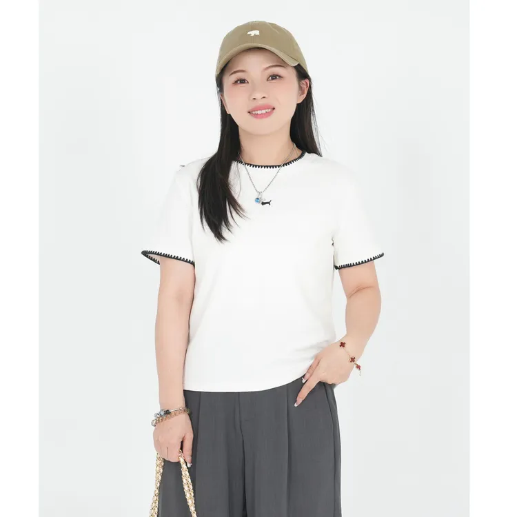 小个子圆圆AG403刺绣腊肠狗简约圆领T恤时尚百搭短款夏季上衣女