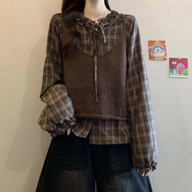 大码针织背心木耳边格子衬衫两件套装女春秋胖MM宽松显瘦长袖上衣