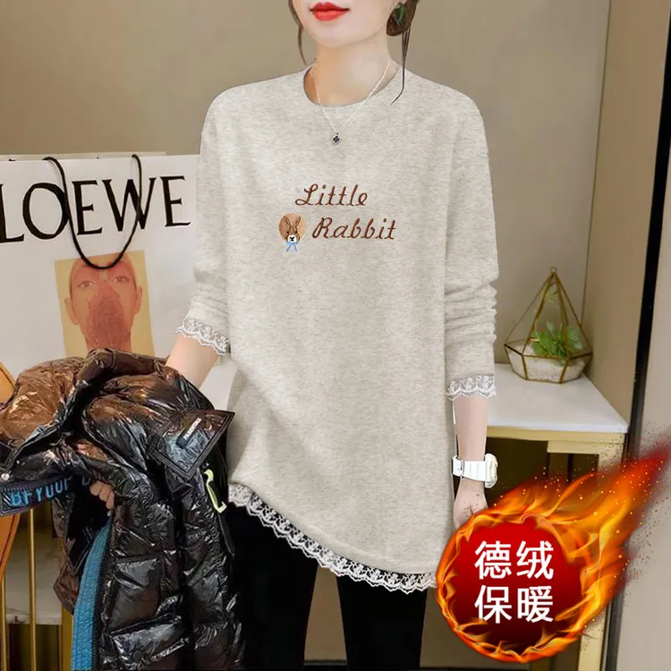 灰色德绒打底衫女秋冬保暖内搭上衣蕾丝拼接宽松中长款长袖t恤