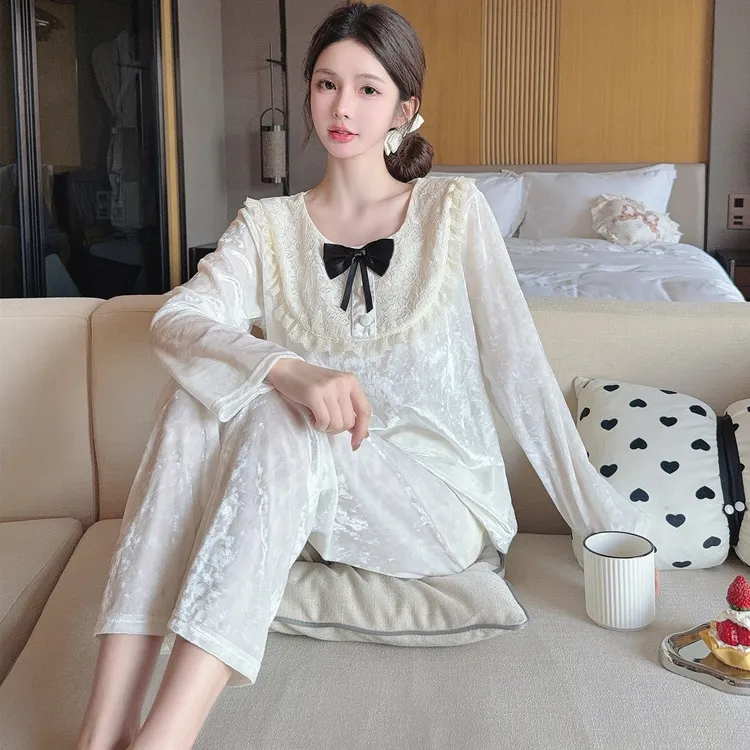 睡衣女春秋冬季金丝绒长袖大码可外穿25新款家居服钻石绒白色套装