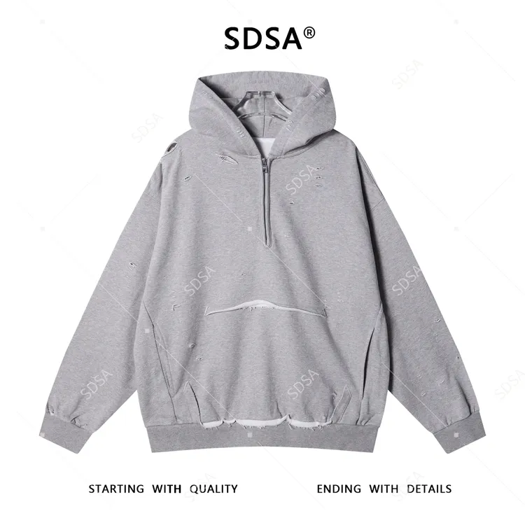SDSA男士秋冬新款痞帅男装简约破洞半拉链连帽卫衣小众设计百搭