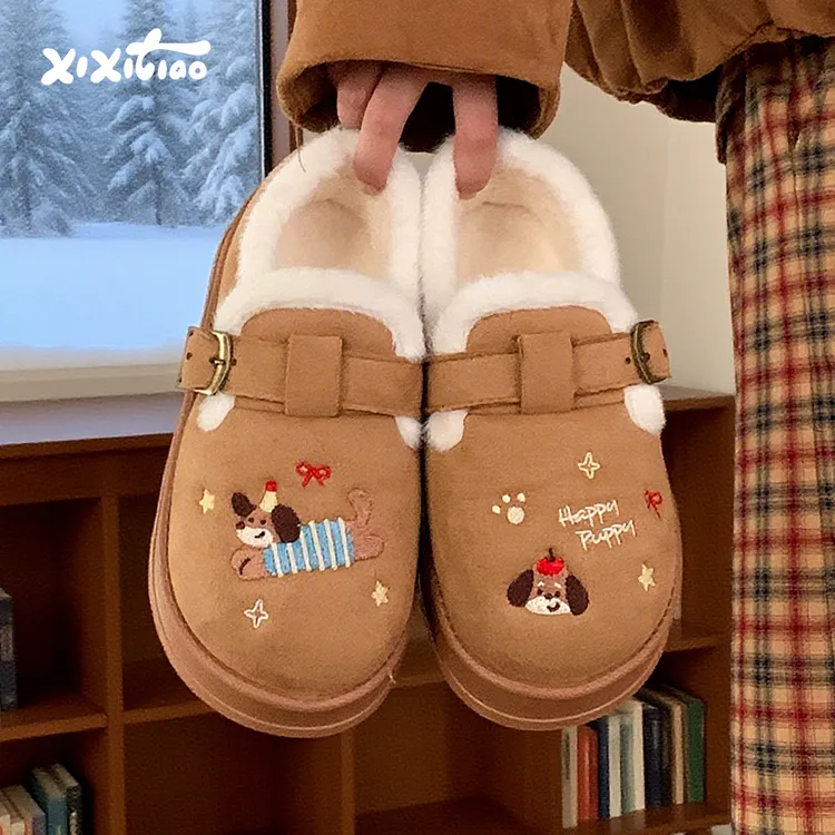 细细条 冬季厚底外穿保暖防滑加绒短筒棉鞋可爱刺绣小狗勃肯鞋女