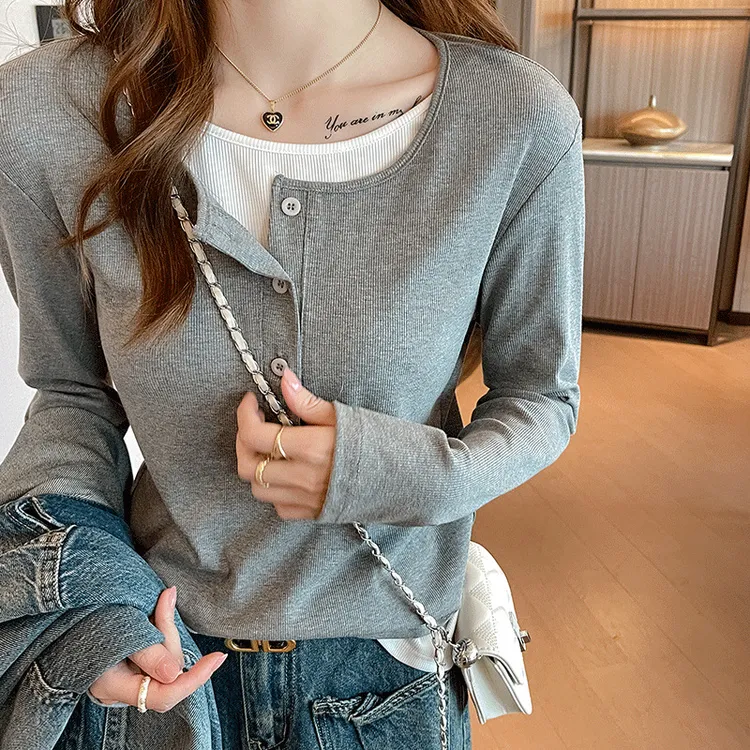 严选假两件长袖t恤女2024洋气小众设计感韩系可外穿打底衫上衣