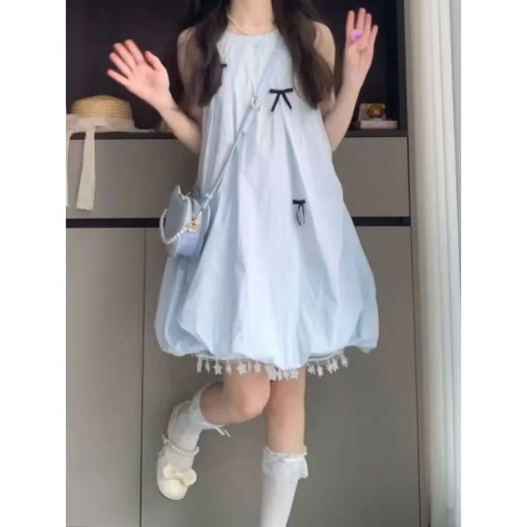 日系甜美小清新蝴蝶结坎肩无袖背心连衣裙少女宽松显瘦花苞短裙子