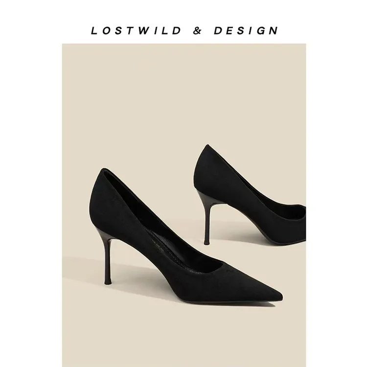 LOSTWILD黑色绒面低跟高跟鞋女2025春秋新款尖头细跟职业通勤单鞋