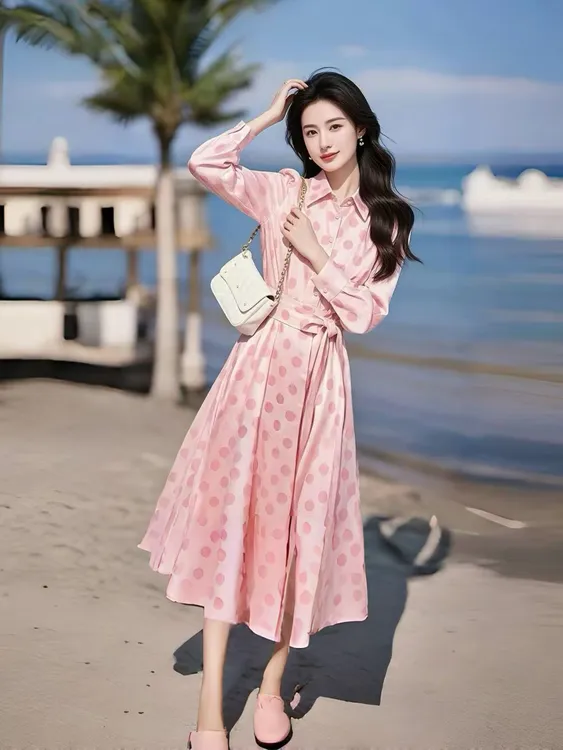 SS968超火开春漂亮茶歇法式上流社会高级感度假粉色波点连衣裙