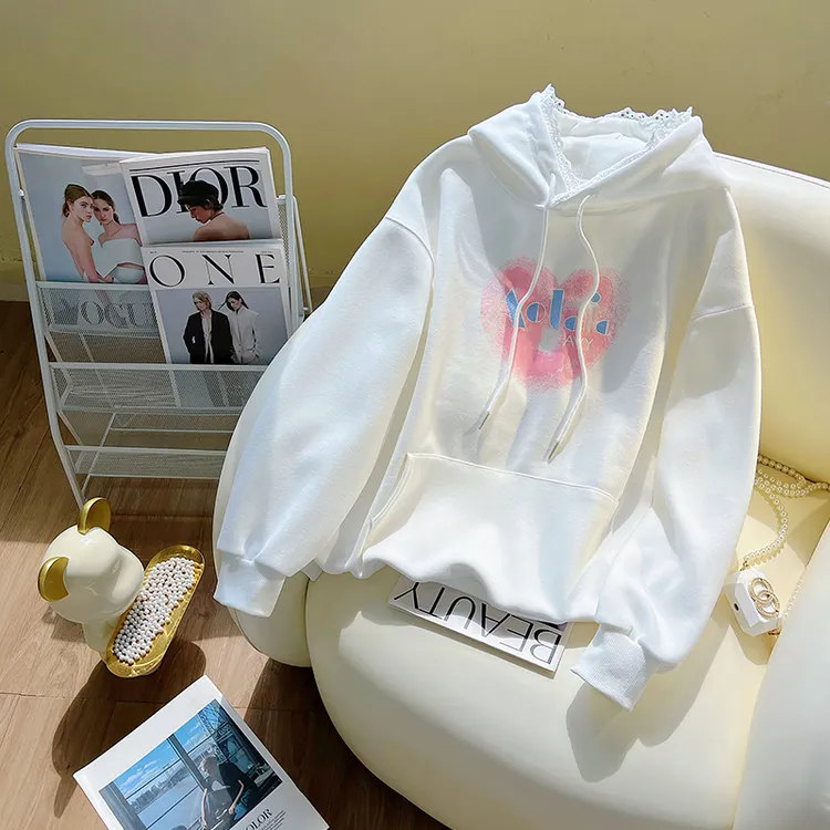 欧货蕾丝花边小众拼接连帽卫衣女秋冬新款时尚中长款加厚显瘦外套