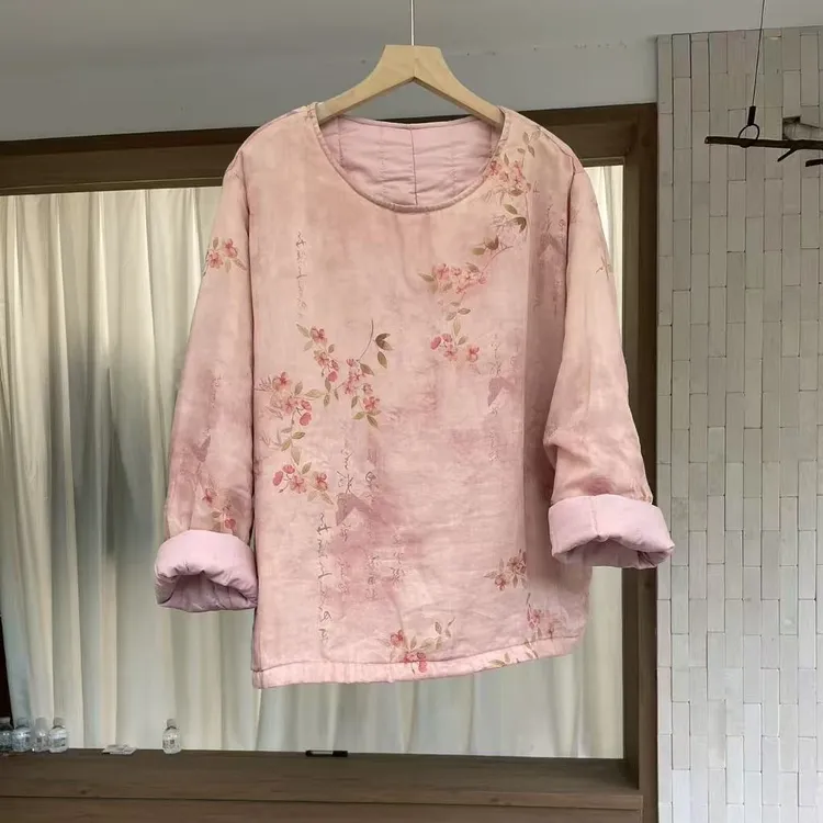 瑞衣品824410双层苎麻加棉印花圆领新中式套头衫衣长63胸围130