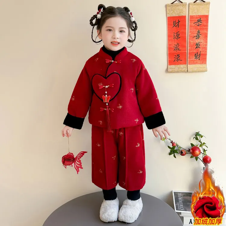 女童拜年服套装2025新款儿童新中式国风唐装宝宝加绒喜庆过年衣服