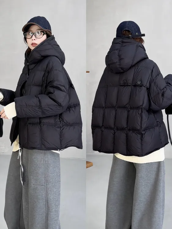 月月 秋冬【纽约时报】白鸭绒后背纽扣连帽方块羽绒服 2510C6844