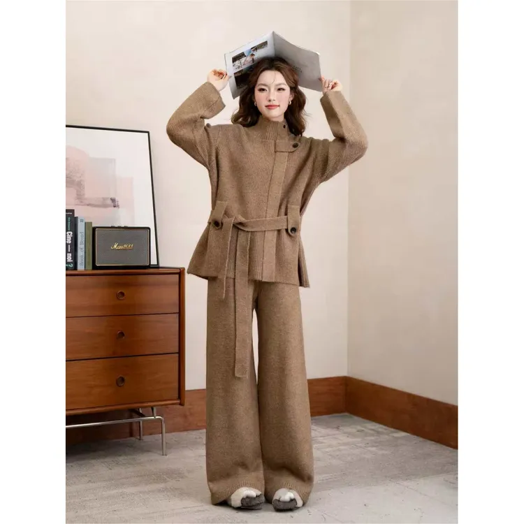 休闲长袖半高领毛衣套装秋冬宽松针织衫系带设计上衣胖mm休闲套装