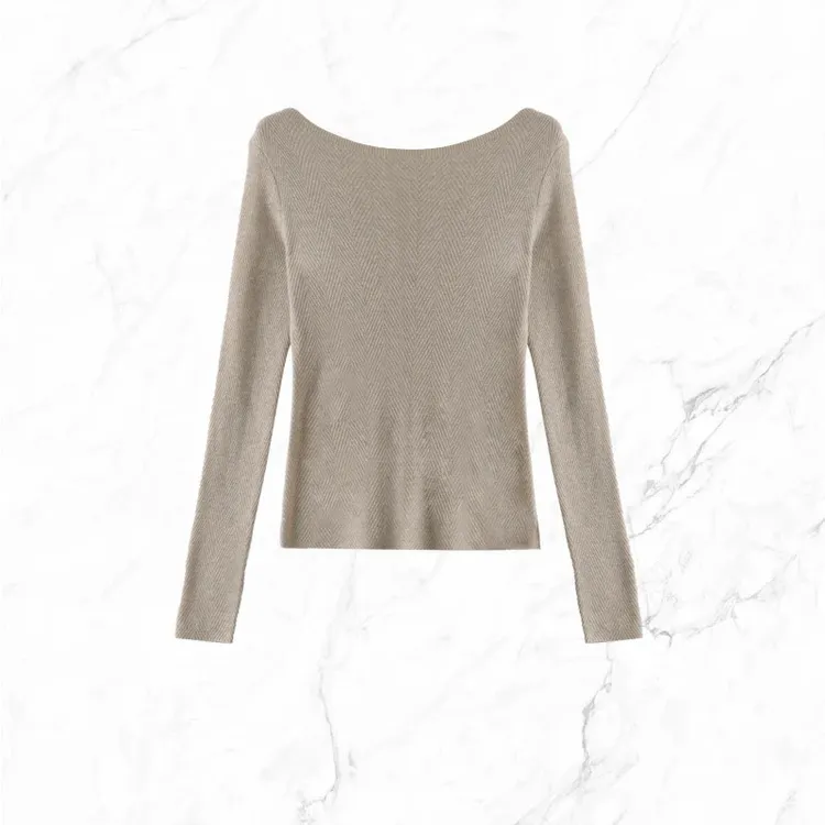 韩版早秋一字领鱼骨纹长袖纯色上衣气质毛衣针织衫女打底衫H9-75