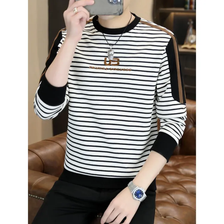 条纹卫衣男潮流长袖t恤刺绣帅气套头春秋季青年拼接打底衫上衣服