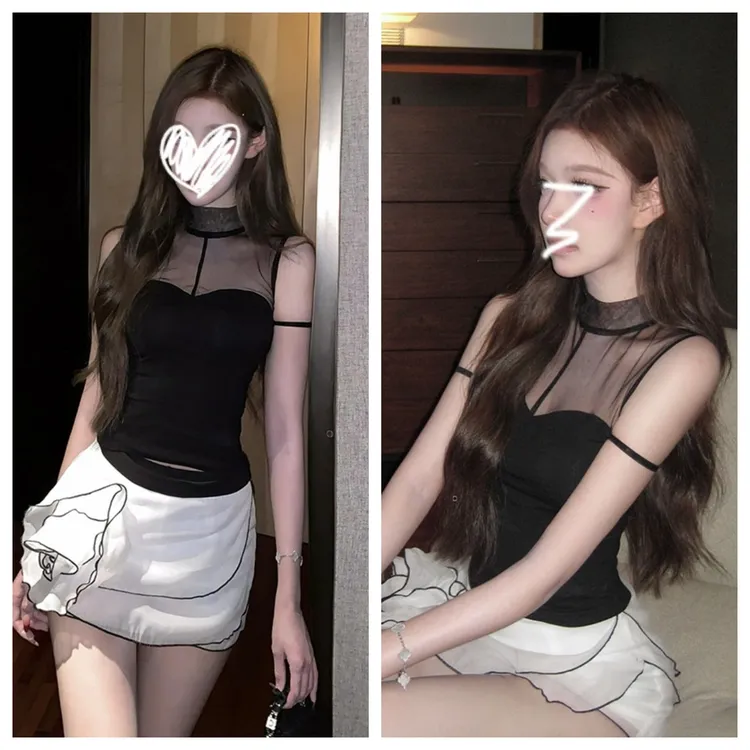 2025年网纱拼接透视修身显瘦设计感性感纯欲短款黑色女上衣