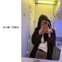 A137美式豹纹连帽拉链针织开衫外套秋季2025新款设计感百搭毛衣女