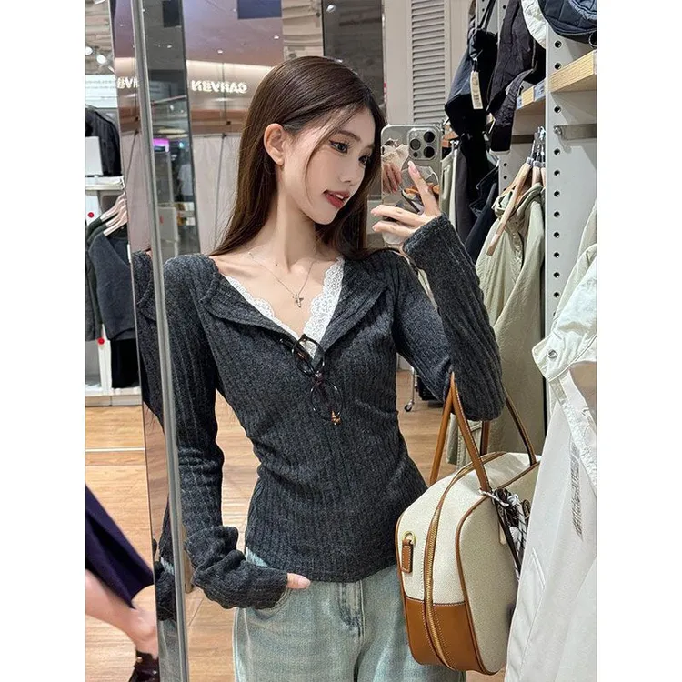 纯欲假两件蕾丝长袖T恤女秋冬季修身上衣显瘦酷飒风女装高级感