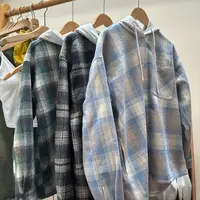 【美琪元选】加厚绒棉假二件连帽宽松格子衬衫外套