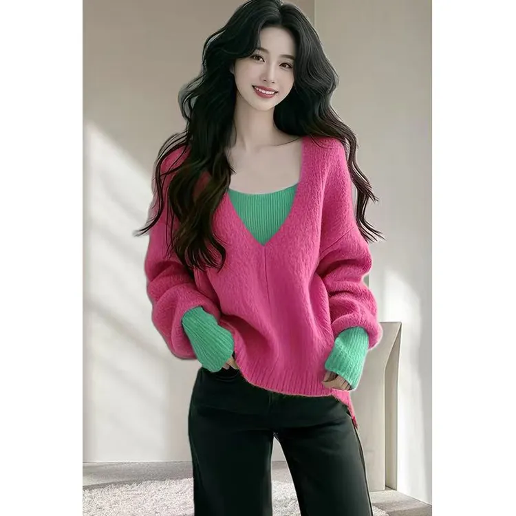 4080今年流行漂亮高级感宽松上衣芥末绿色v领假两件针织毛衣女