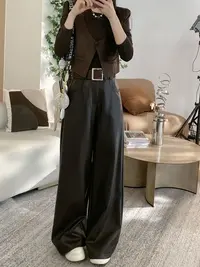 净版腰带阔腿皮裤3336