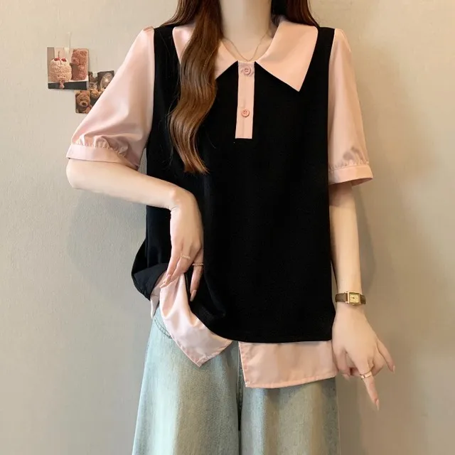 假两件拼接短袖衬衫女2025夏季新款大码胖mm显瘦遮肚时尚洋气上衣