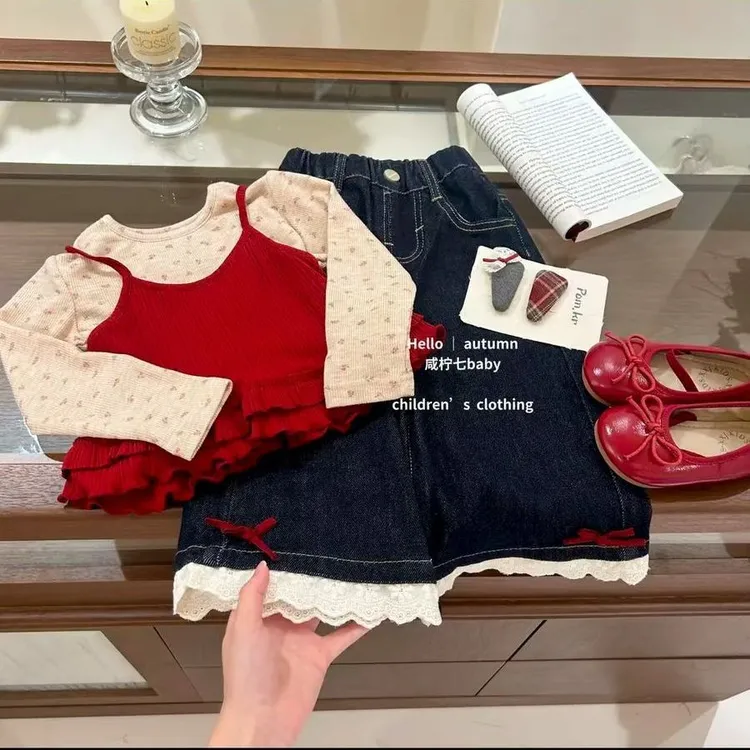 女童碎花长袖上衣吊带背心春秋季新款套装童装韩版三件套阔腿裤