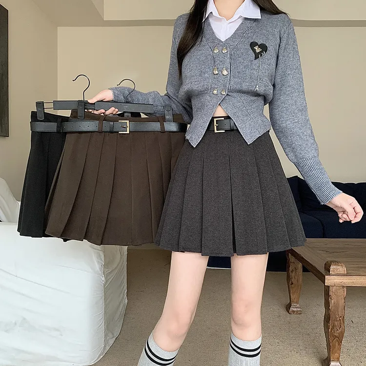 0182 大码女装秋季新款港风复古校园风百褶裙收腰显瘦半身裙 2266