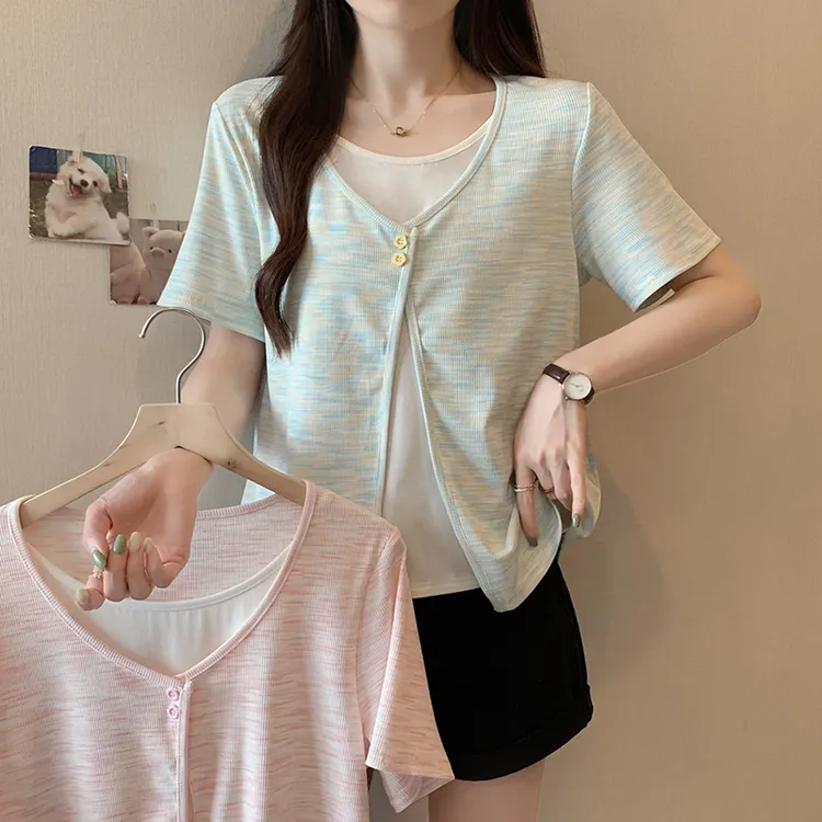 胖mm大码女设计感假两件拼接2025夏装百搭短袖T恤上衣女装A0639