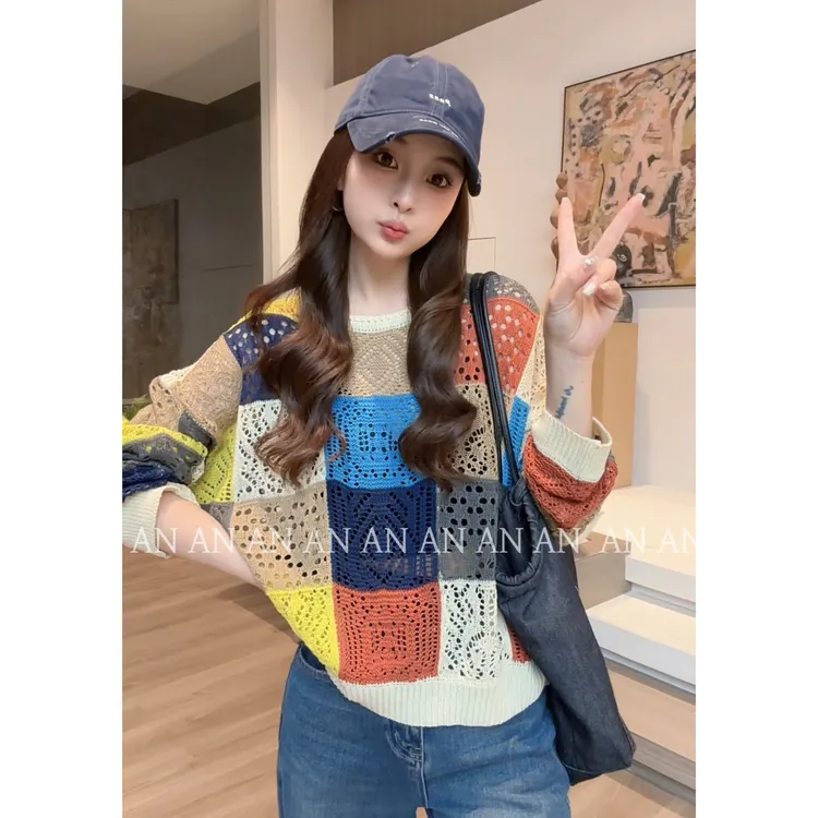 C08217秋季新款复古时尚休闲风宽松独特漂亮小众撞色镂空针织衫