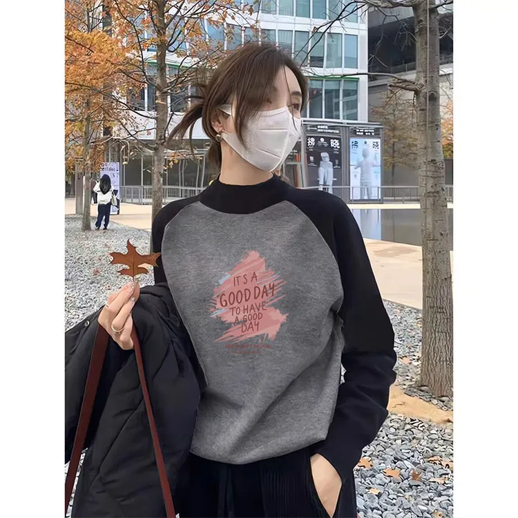 2025新款德绒半高领正肩撞色长袖t恤女加厚秋冬季保暖内搭打底衫