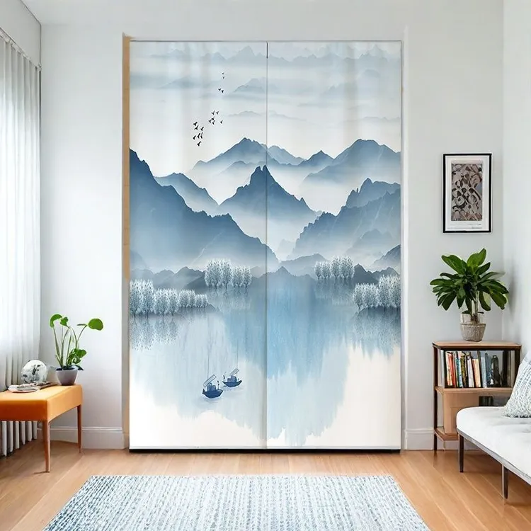 中式水墨山水画门帘玄关隔断帘子卧室办公室半截挂帘卫生间遮挡帘