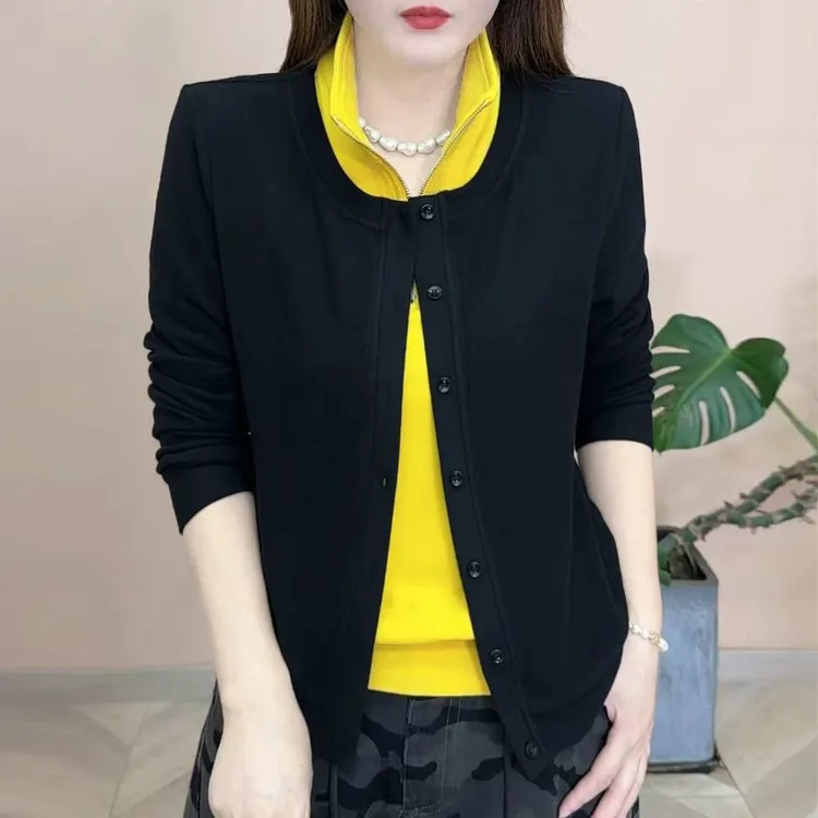 2025秋冬季新品时尚百搭修身显瘦假两件双面绒女士长袖上衣8197