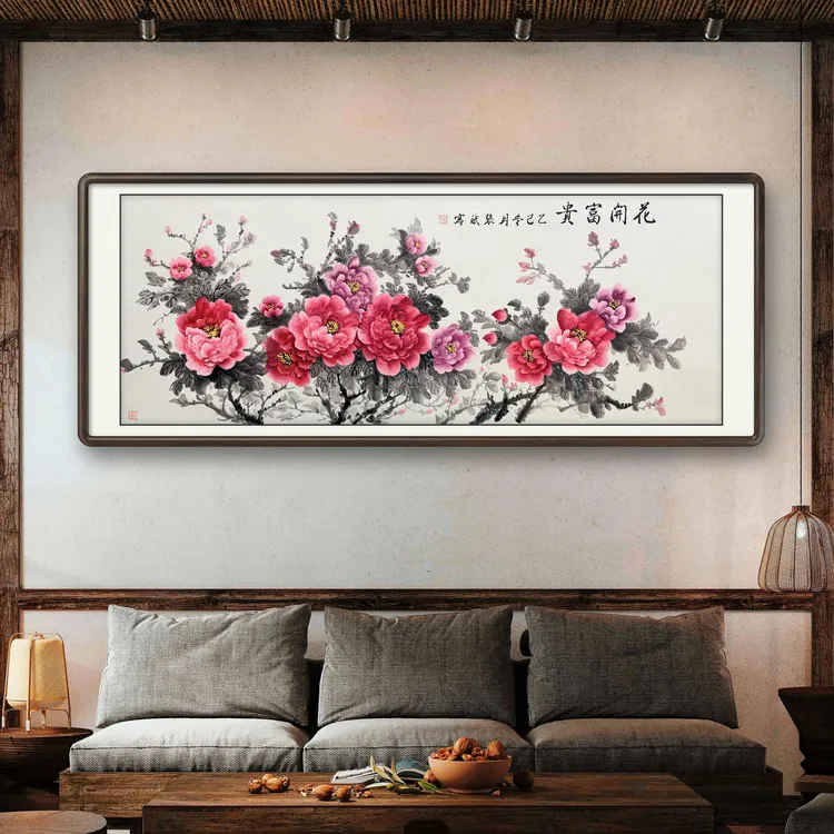 《花开富贵》手绘六尺牡丹花横幅写意花鸟画客厅国画挂画书画直播间
