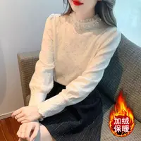 植绒秋冬新款时尚加绒衬衫气质显瘦拼接蕾丝衫女洋气百搭加厚上衣