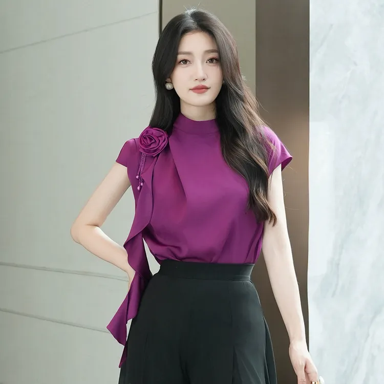 新款2025夏高级感洋气立体玫瑰花半高领上衣气质爆款半身裙两件套