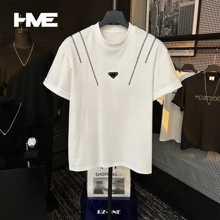 【HMEYAO】夏季明线金属绣标对称设计休闲百搭冰感棉圆领短袖T恤男