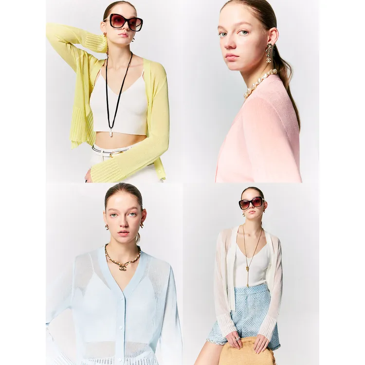 玖着'海盐衫'自然呼吸天丝亚麻立体镂空肌理多彩防晒V领针织开衫