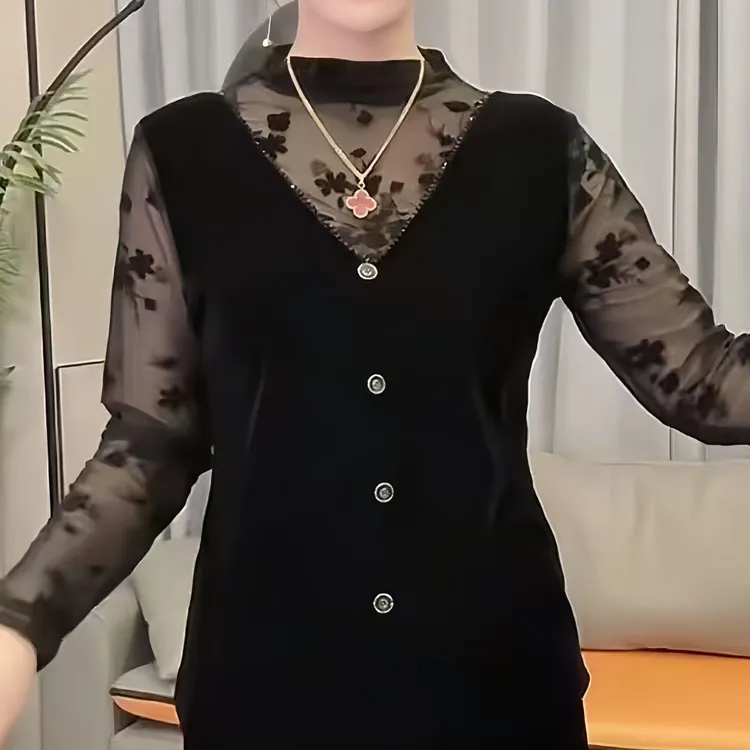 修身型秋季拼接长袖圆领薄款衬衫袖女款衬衫中国风T恤