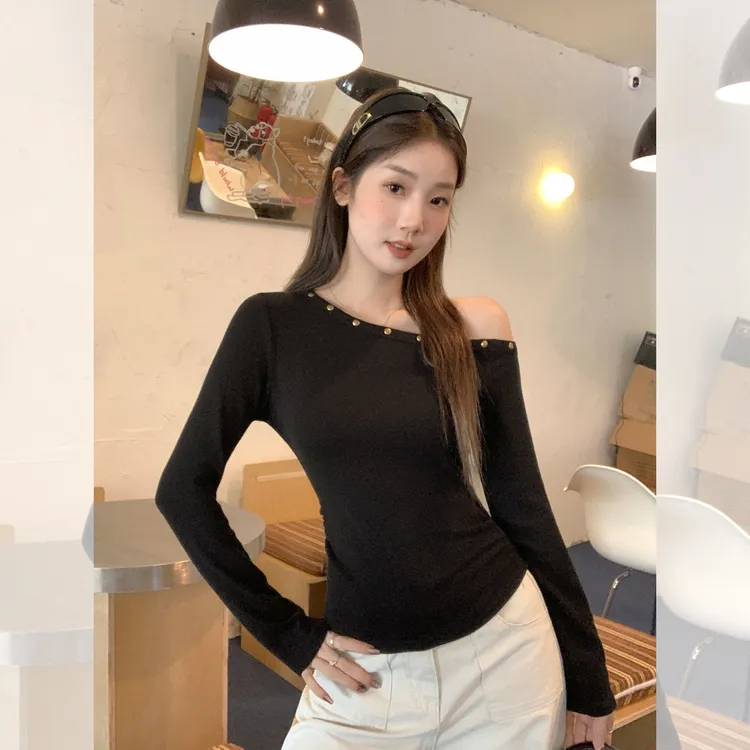 斜领露肩铆钉长袖t恤打底衫女2025早秋新款掐腰显瘦辣妹短款上衣