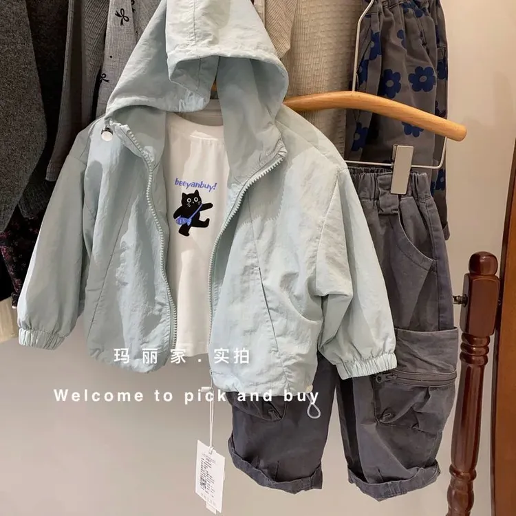 自留~超爱的以太蓝!春秋新款韩国男女童冲锋衣外套宽松纯色上衣潮