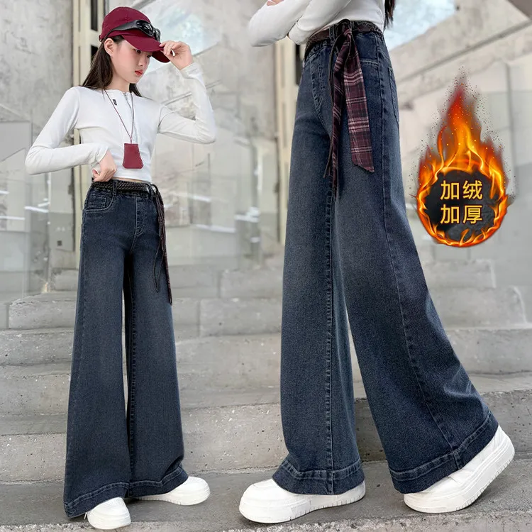 2025新款秋冬加绒加厚牛仔裤裤子女童时尚宽松阔腿裤百搭长裤直筒