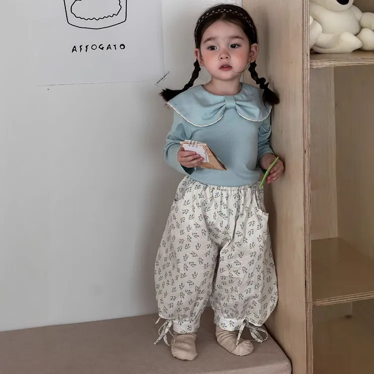 Galakoko女童针织洋气上衣碎花防蚊阔腿裤日常休闲穿搭套装