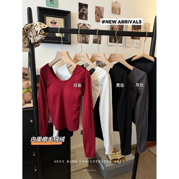 秋冬季性感露背设计感小众磨毛保暖自带胸垫修身显瘦打底上衣外穿