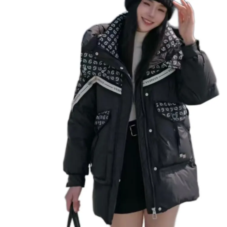 H6802冬季连帽潮流休闲时尚拼接设计师中长款鹅绒服80长