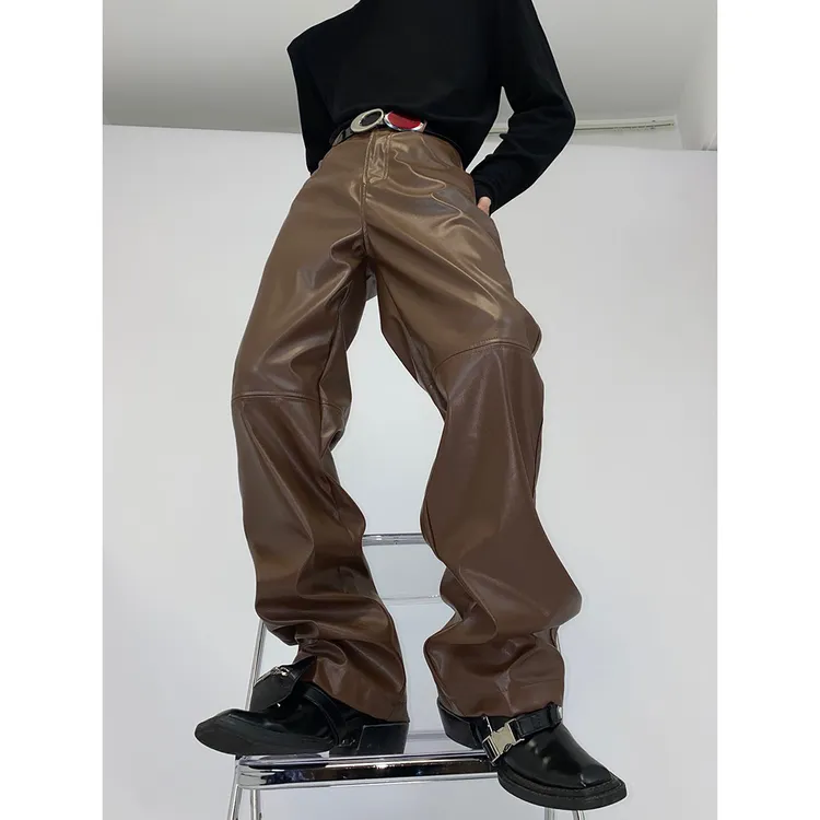CulturE小众设计感复古哑光pu皮裤棕色休闲裤高级炸街显高长裤男