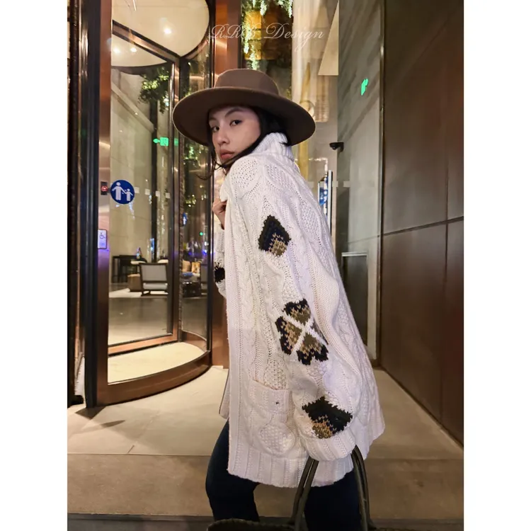 RRB Design 「几何菱格」复古袖口提花轻奢秋冬羊毛混纺绞花开衫